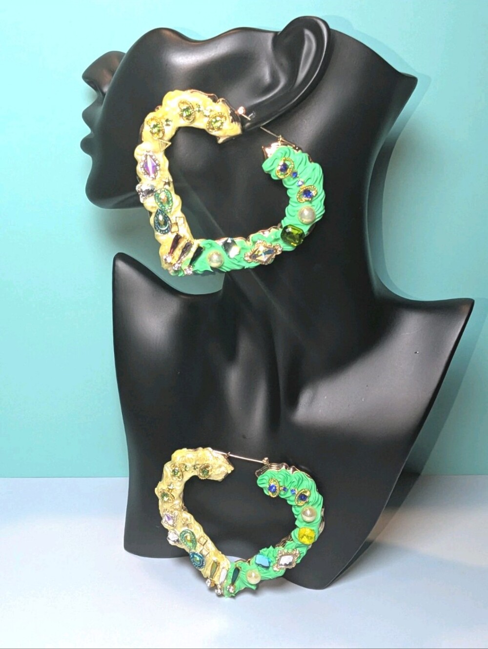 Hand Crafted Green and Gold Bejeweled Xl Decoden Hoop Earrings - Women Jewelry